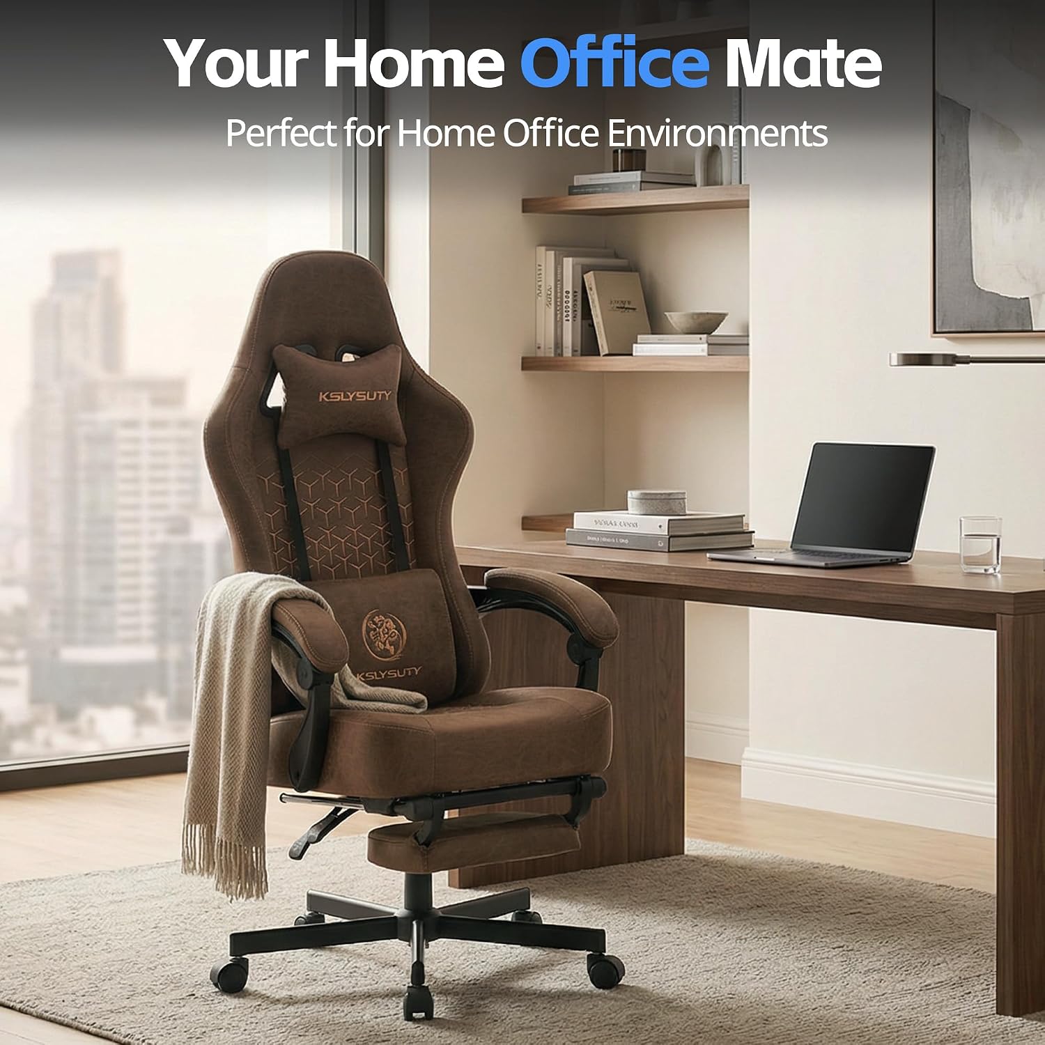 Desk Computer Gaming Chair - Ergonomic Game Office Chair with Extended Footrest and Massage Lumbar Support, Home Gamer Video Game Chairs with Spring Cushion for Adults (Pro Brown Leather)
