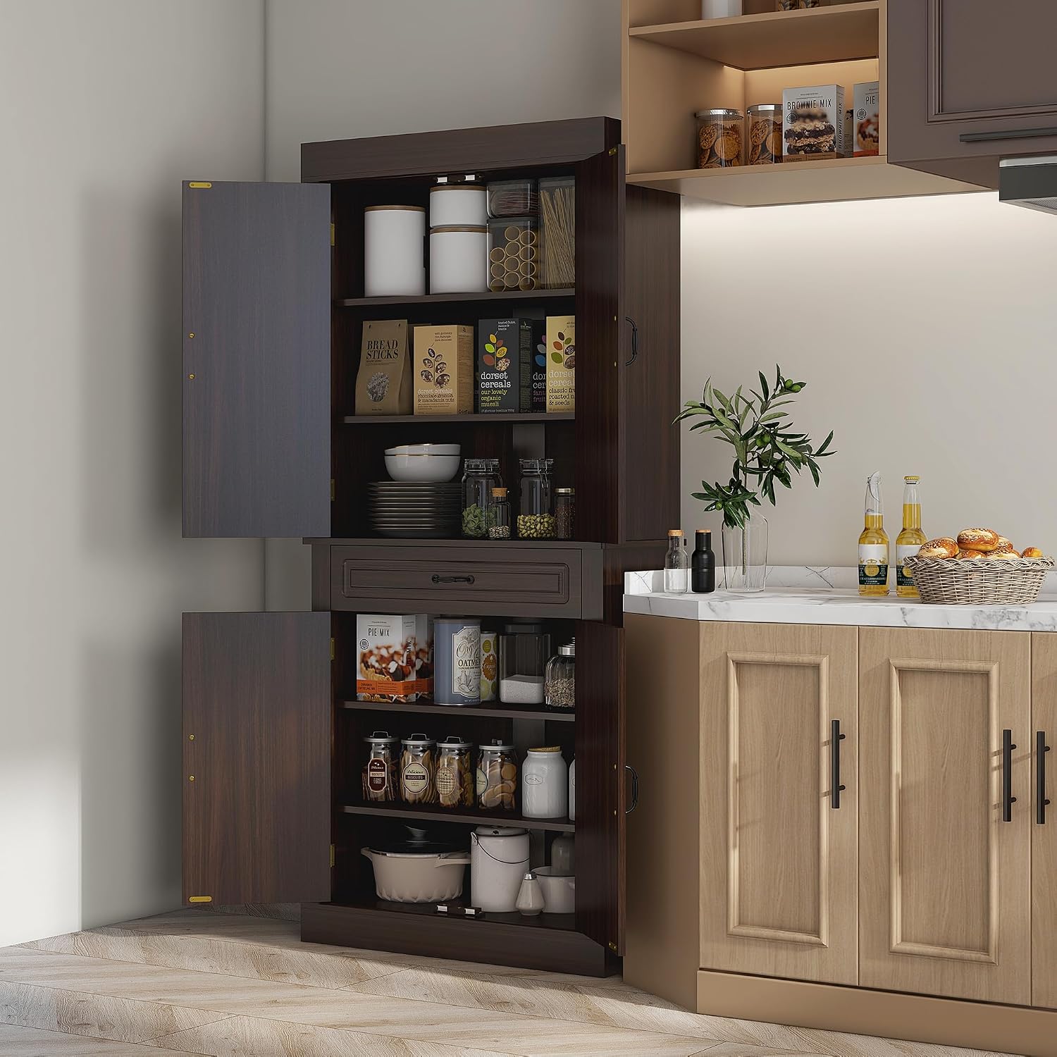 HOMCOM 71" Freestanding Kitchen Pantry Cabinet, Tall Storage Cabinet with 4 Doors and Drawer for Dining Room, Coffee