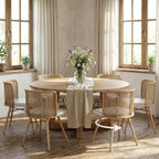 TYBOATLE Swivel Rattan Dining Chairs Set of 6, Farmhouse Boho Dining Room Chair with Rattan Woven Back and Faux Leather Seat, Upholstered Kithchen Chairs (Cream White)