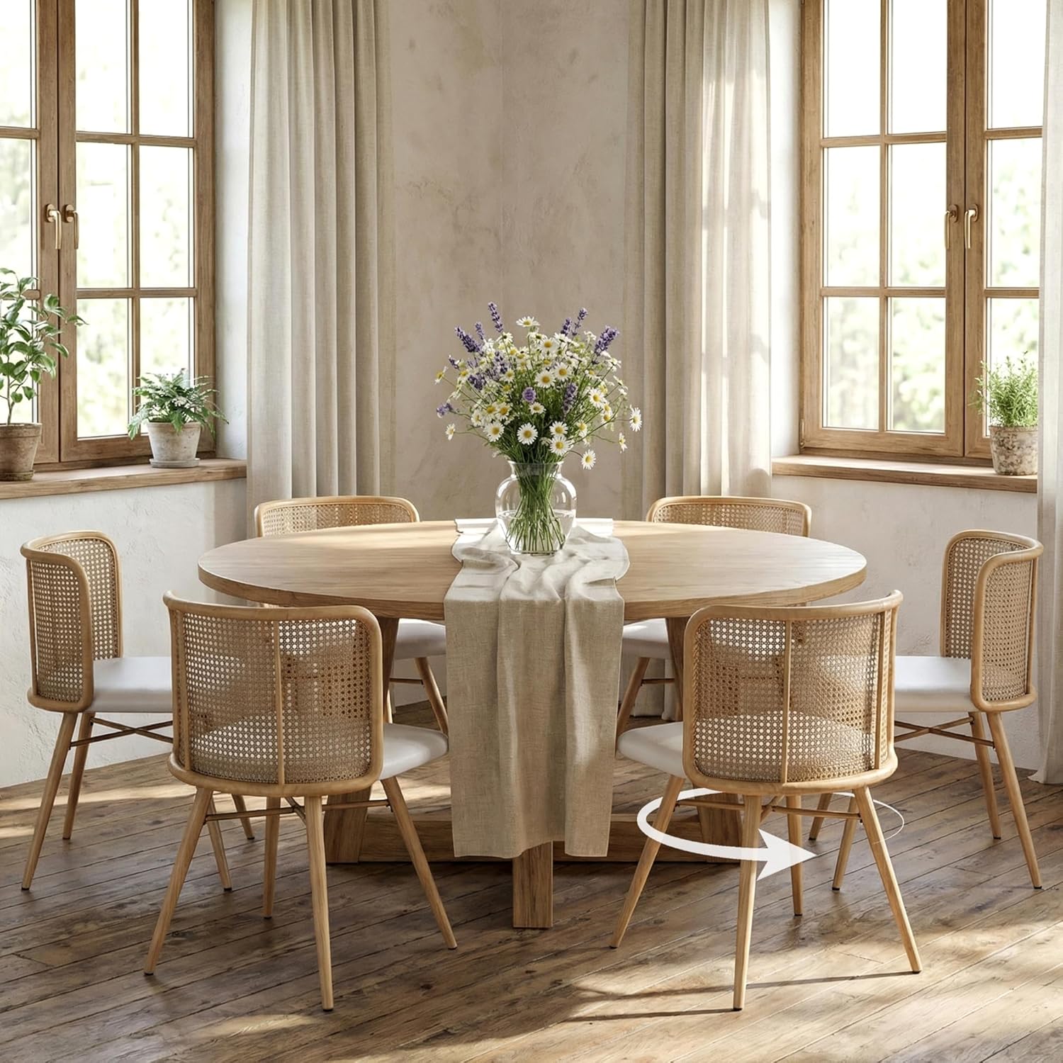 TYBOATLE Swivel Rattan Dining Chairs Set of 6, Farmhouse Boho Dining Room Chair with Rattan Woven Back and Faux Leather Seat, Upholstered Kithchen Chairs (Cream White)