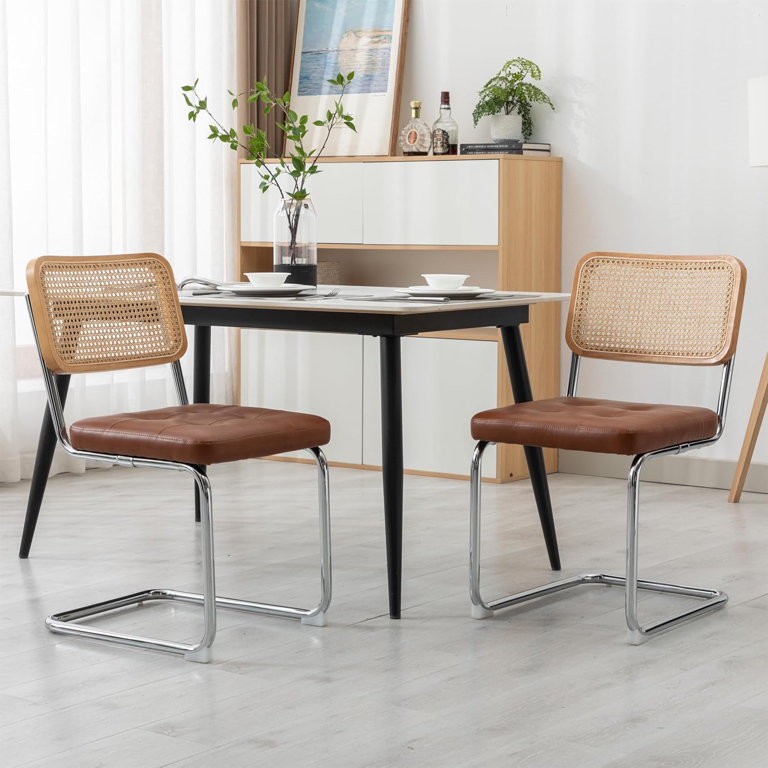 KCC Modern Dining Chairs Set of 2, Faux Leather Rattan Chair,Brown | Mid Century Kitchen Side Chairs with Metal Legs and Upholstered Seat for Dining Room,Living Room,Bedroom