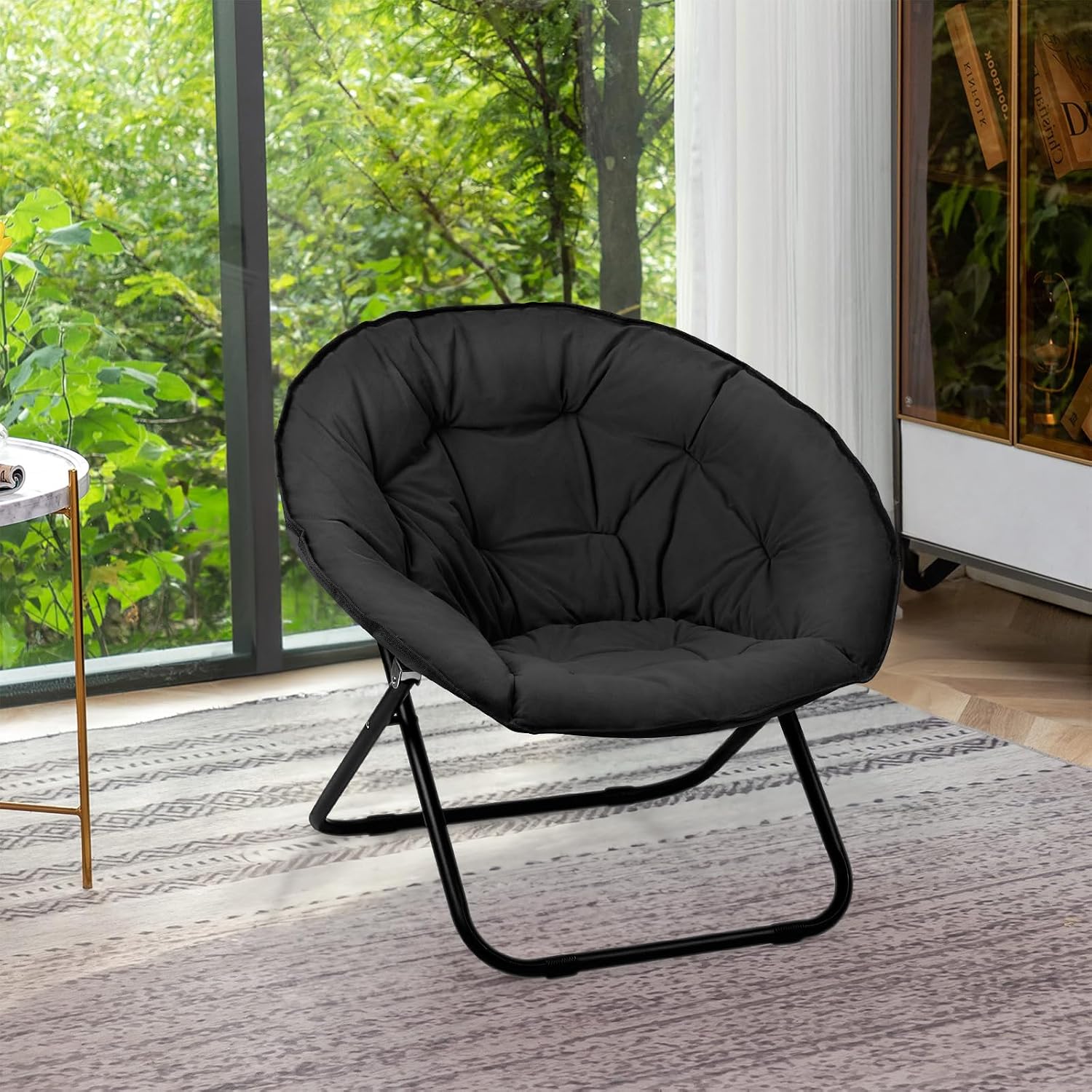Grezone Folding Faux Fur Saucer Chair,Portable Folding Soft Moon Chair for Bedroom, Dorm Rooms, Apartments, Lounging, Garden and Courtyard, Black