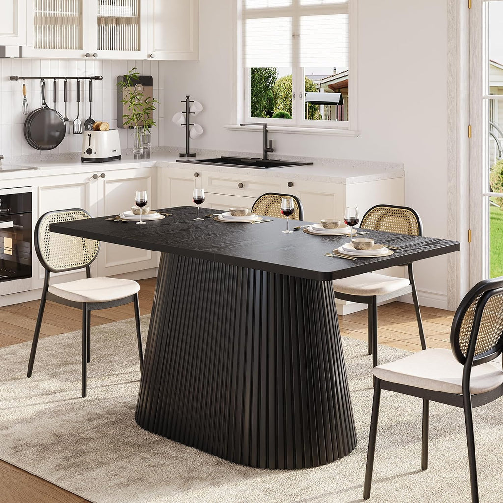 LITTLE TREE 59" Farmhouse Dining Table for 4-6 People, Modern Rectangular Kitchen Table with Metal Pedestal Base, Perfect for Dining Room, Kitchen, Living Room (Black)
