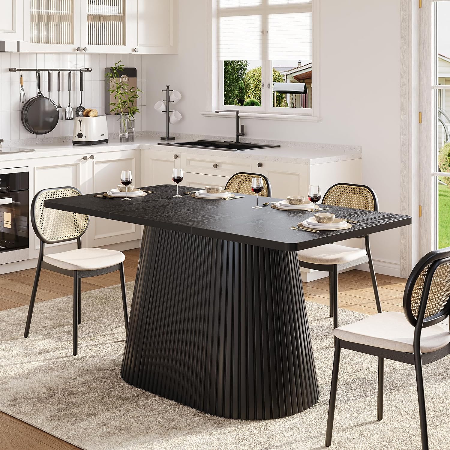 LITTLE TREE 59" Farmhouse Dining Table for 4-6 People, Modern Rectangular Kitchen Table with Metal Pedestal Base, Perfect for Dining Room, Kitchen, Living Room (Black)