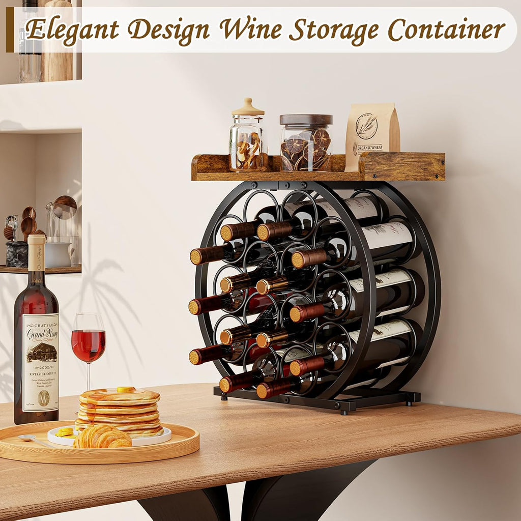 X-cosrack 14-Bottle Countertop Wine Rack with Wooden Tabletop, Freestanding Round Metal Wine Bottle Organizer and Display Stand for Kitchen, Pantry, Home Bar and Cabinet