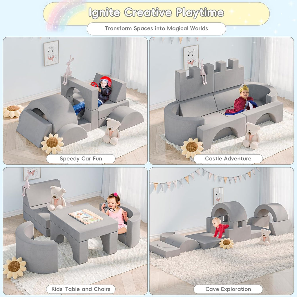 Betterhood 16pcs Modular Kids Play Couch, 1000+DIY Versatile Child Sectional Sofa for Playroom Bedroom, Convertible Foam Cushion for Boys & Girls, Grey