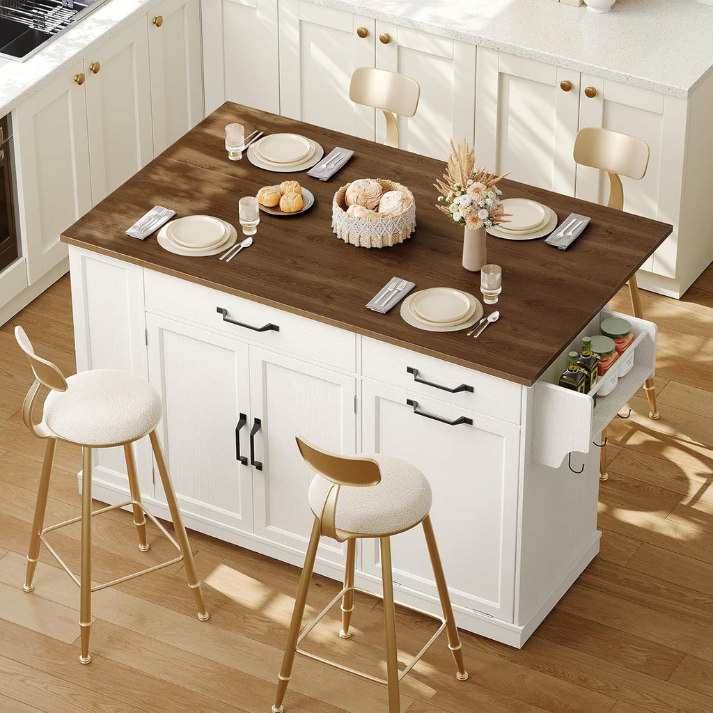 RALGEND Kitchen Island with Power Outlet & Drop Leaf, Rolling Storage Cart with Trash Storage Cabinet, Farmhouse Mobile Island Table for Kitchen, Dining Room, Hidden Casters, White and Walnut