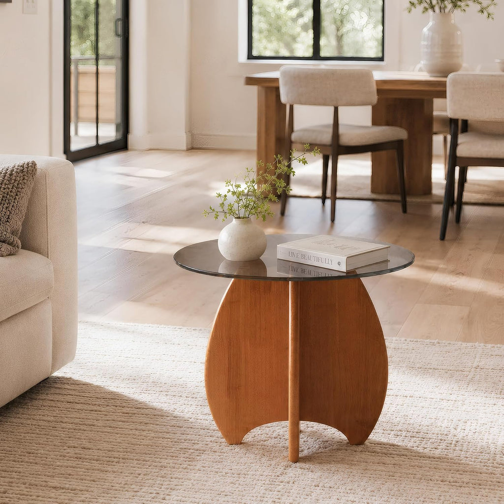 Modern Round Side Table for Living Room, 19.7" Glass Top End Table | Coffee Table with Walnut Rubber Wood Sculptural Petal Base for Living Room Sofa Corner Bedroom