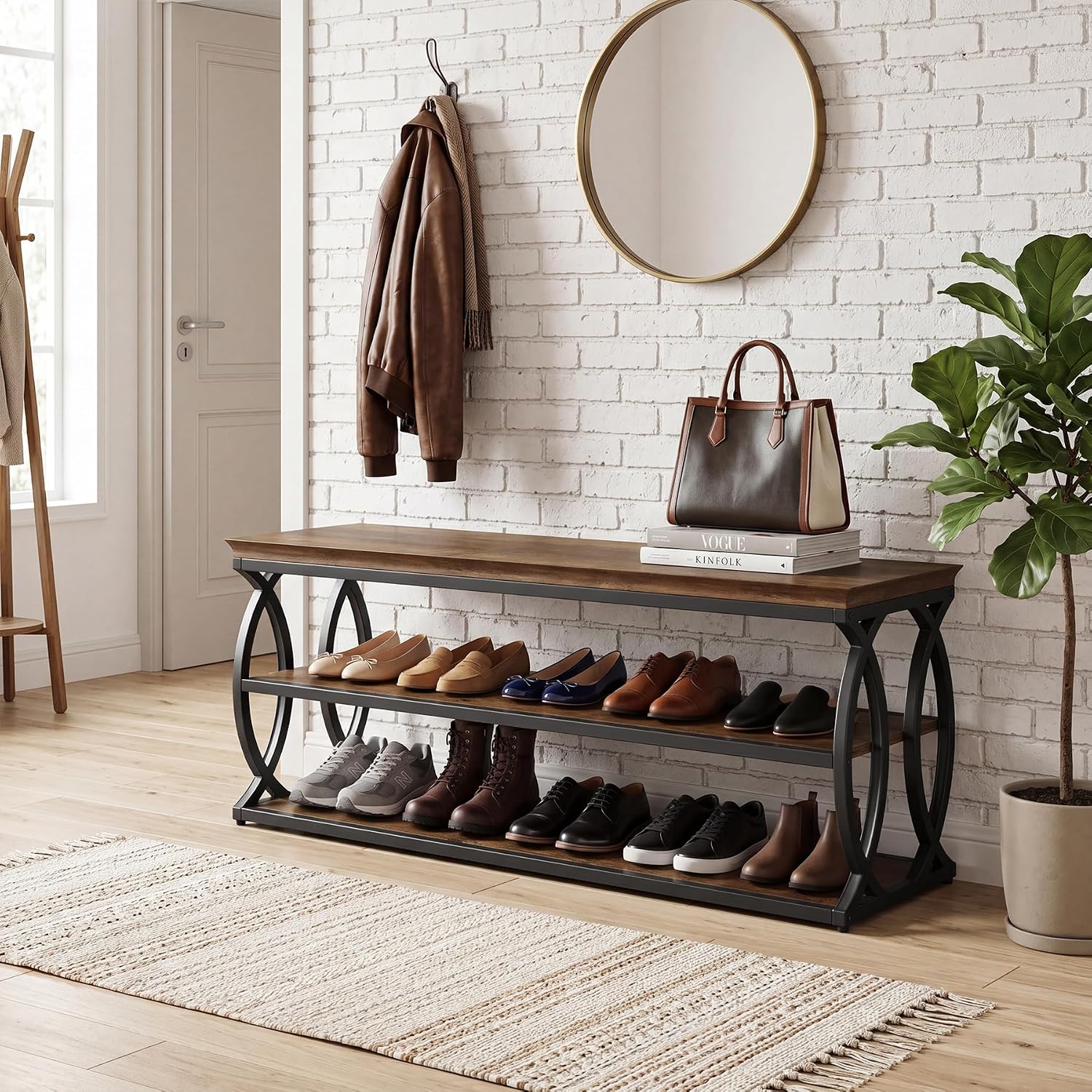 Tribesigns Entryway Shoe Storage Bench, 3-Tier Industrial Wooden Shoe Rack with Storage, Rustic Shoe Organizer with Sturdy Metal Frame for Hallway, Living Room, Closet