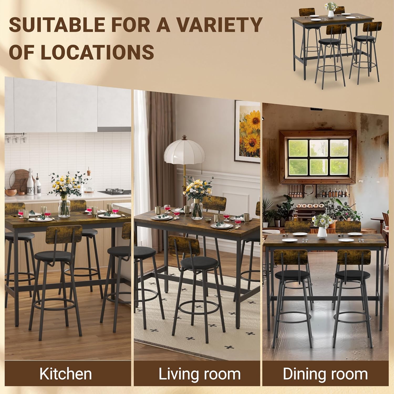 Elevon 47 in Long Bar Table Set with 4 PU Leather Bar Stools, Dining Table and Chair Sets, Industrial Tall Coffee Table and Back Chair for Kitchen, Living Room, Party Room, Pub, Brown