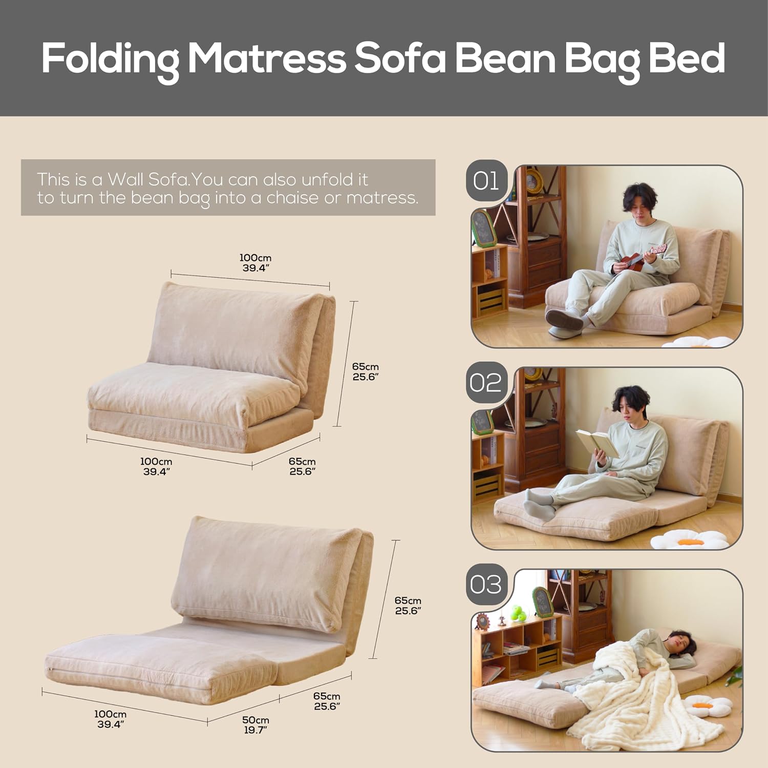 N&V Folding Matress Sofa Bean Bag Bed, Foam Filling Folding Matress Sofa, Includes Removable and Machine Washable Cover, Soft Premium Faux Fur (Small, Champagne)