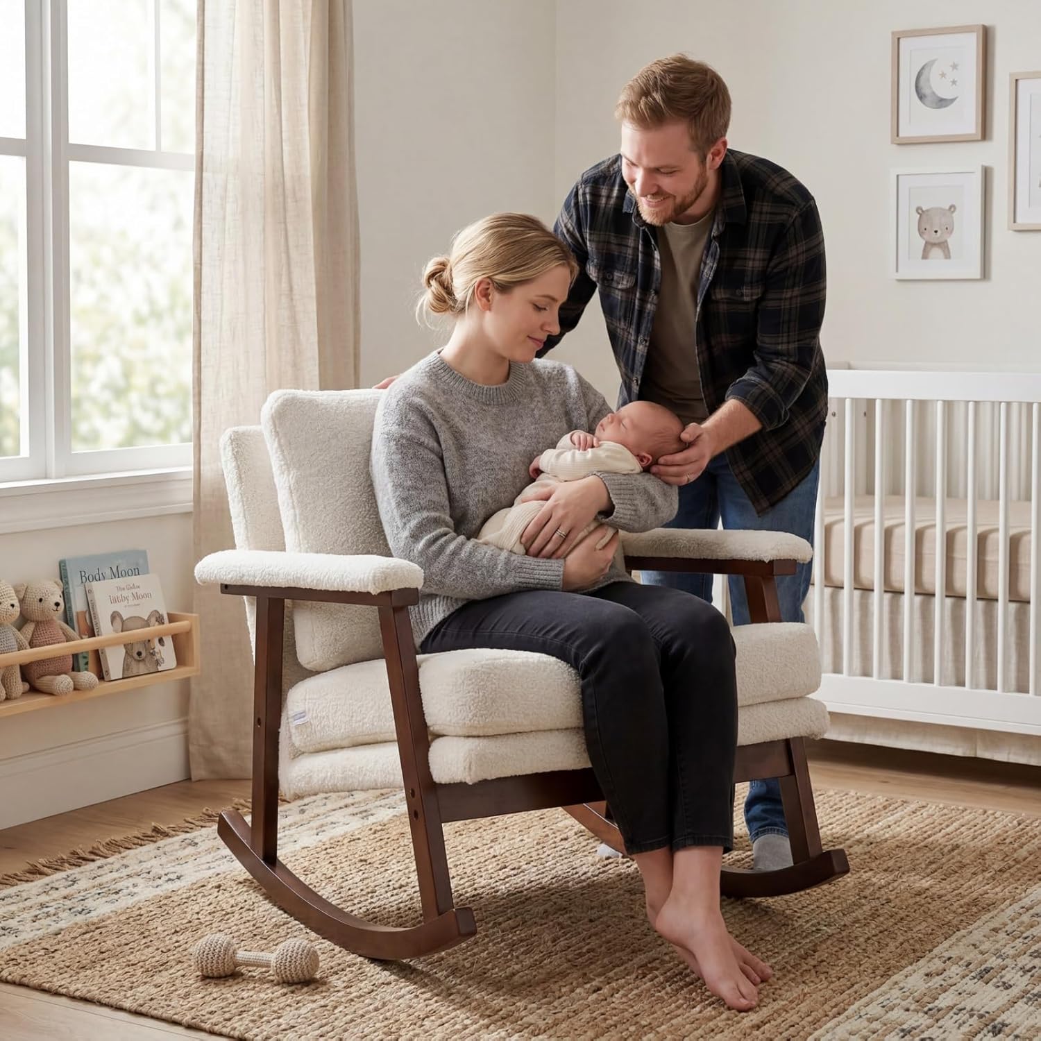 Nursery Rocking Chair, Compact Upholstered Rocker with Solid Wood Legs, Cozy Nursing Glider Chair for Mom, Small Space Chair for Nursery, Bedroom，White