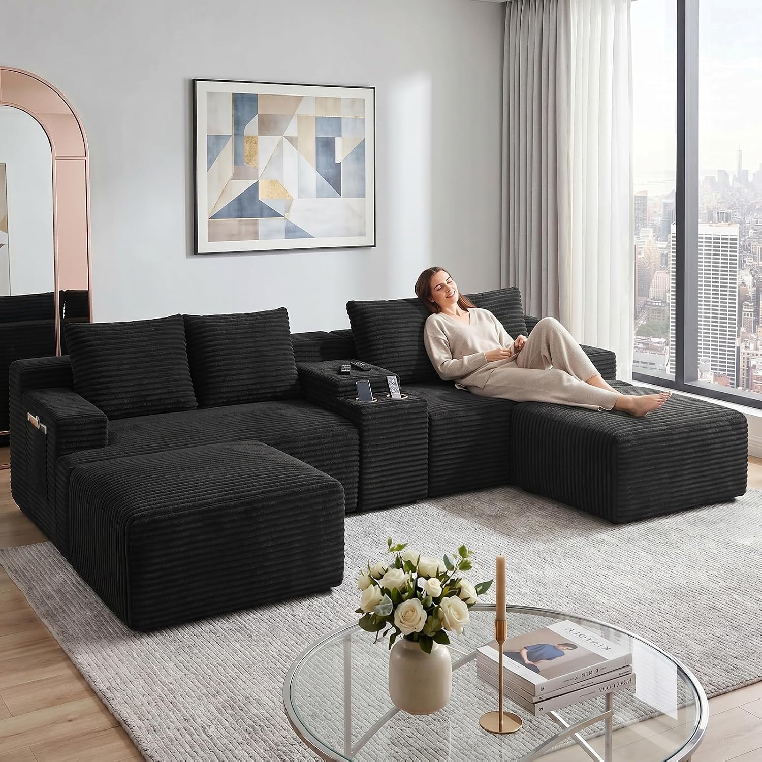 GNIXUU 140.6" Oversized U Shaped Black Boneless Sectional Couches for Living Room, Large Cloud Modular Sofa Set with Storage Console, Cup Holder, Side Pockets, Deep Seat No Assembly Corduroy Couch