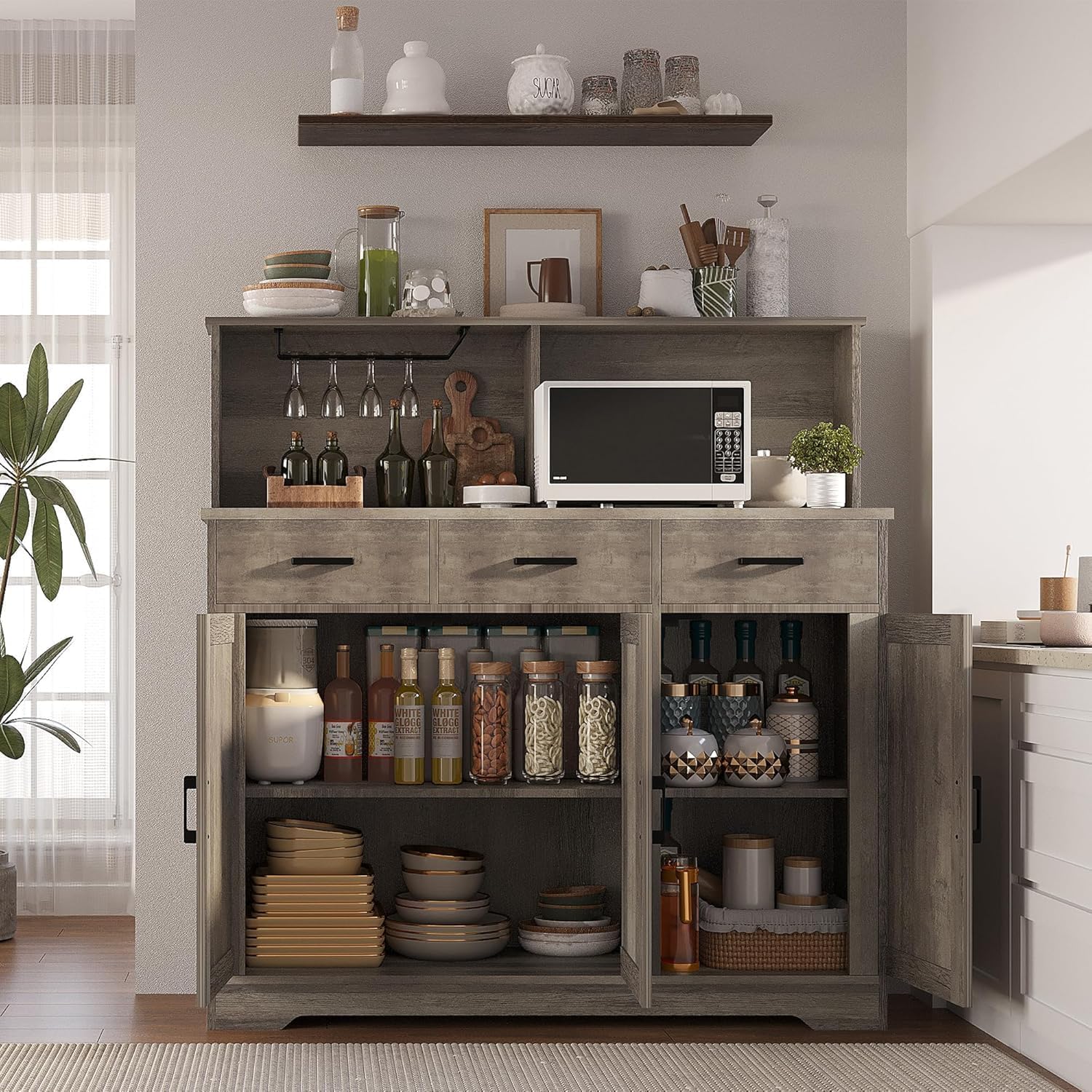 Farmhouse Sideboard Buffet with Microwave Stand,Varied Storage with Drawers and Cabinets, Easy Assembly, Versatile Use for Kitchen and Living Room