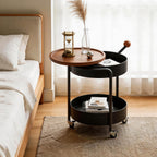 Mid-Century Modern Round Side Table, 2-Tier Mobile Sofa End Table with Rotatable Expandable Solid Wood Tabletop, Metal Frame Rolling Nightstand with Wheels for Living Room Bedroom，Black & Walnut