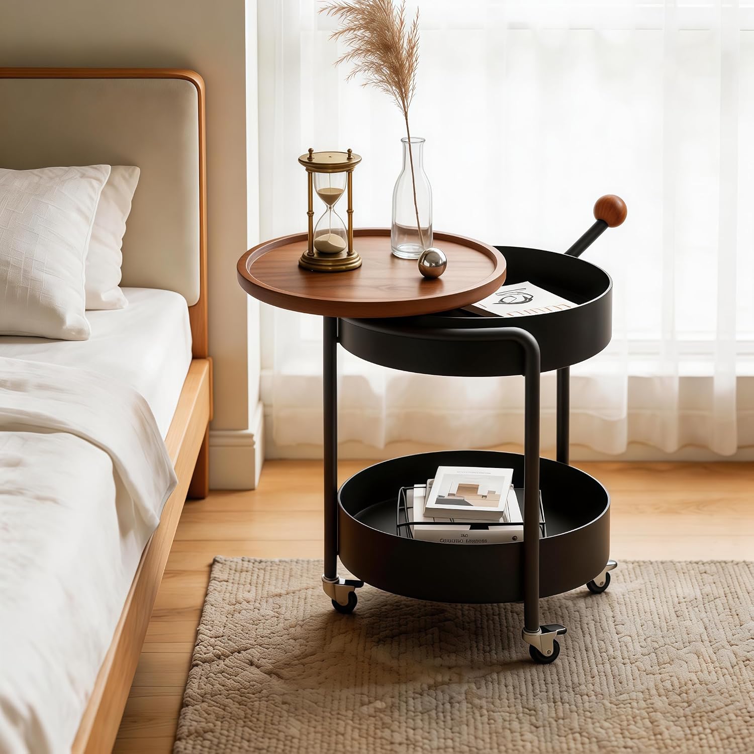 Mid-Century Modern Round Side Table, 2-Tier Mobile Sofa End Table with Rotatable Expandable Solid Wood Tabletop, Metal Frame Rolling Nightstand with Wheels for Living Room Bedroom，Black & Walnut