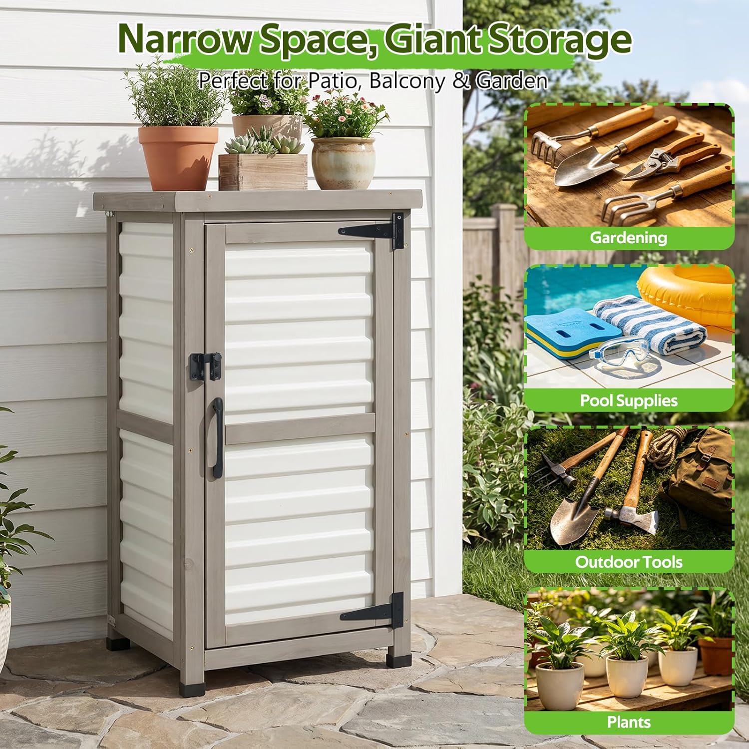 Small Outdoor Storage Cabinet with Metal Top, 2-Tier Patio Potting Bench & Garden Tool Organizer, Adjustable Shelf Corner Storage Cabinet for Balcony Backyard Porch