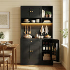 YOURLITE LED Pantry Cabinets with Pegboard, Kitchen Pantry Storage Cabinet with Outlet & Microwave Stand, Kitchen Hutch Coffee Bar with 5 Hooks and Adjustable Shelf, Black