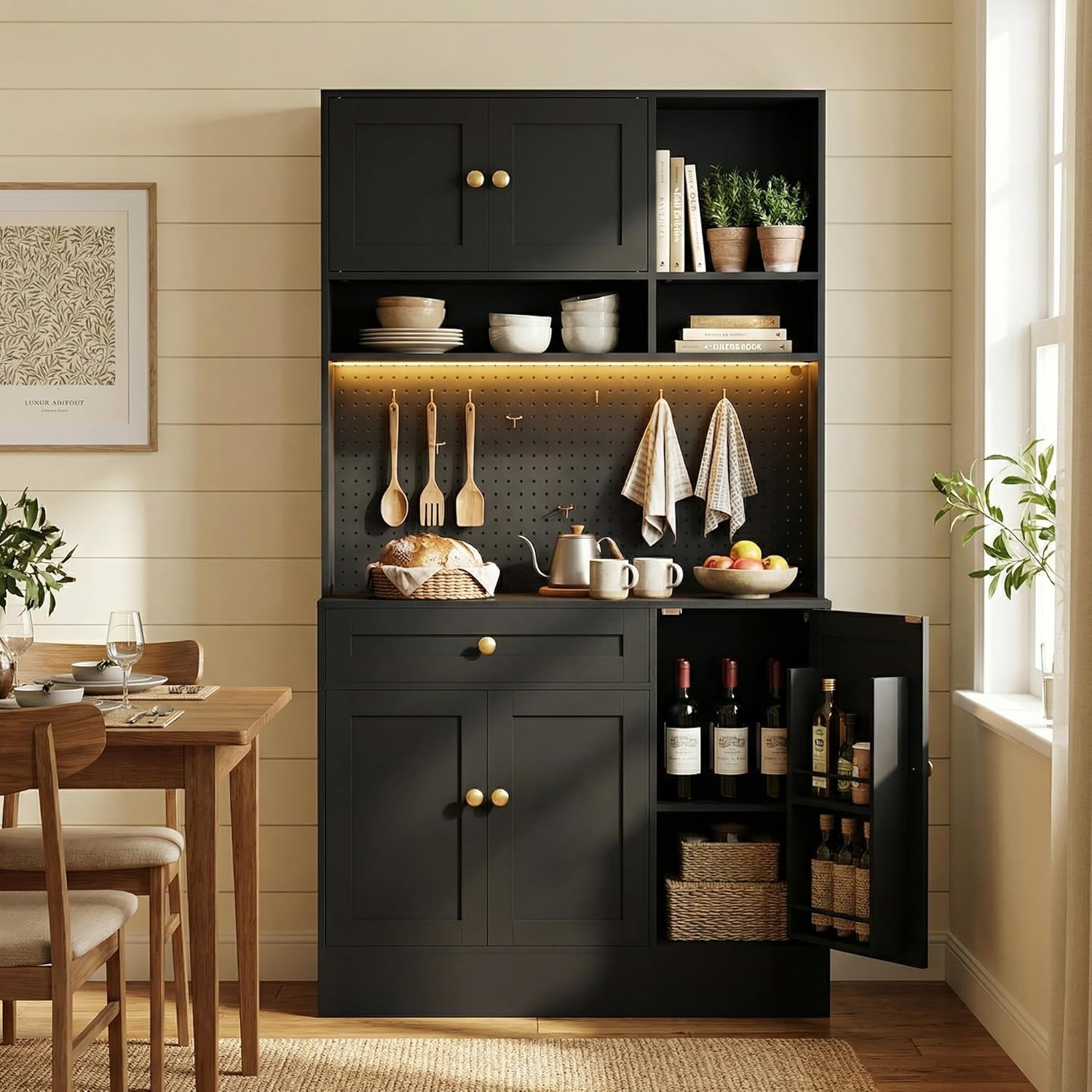 YOURLITE LED Pantry Cabinets with Pegboard, Kitchen Pantry Storage Cabinet with Outlet & Microwave Stand, Kitchen Hutch Coffee Bar with 5 Hooks and Adjustable Shelf, Black