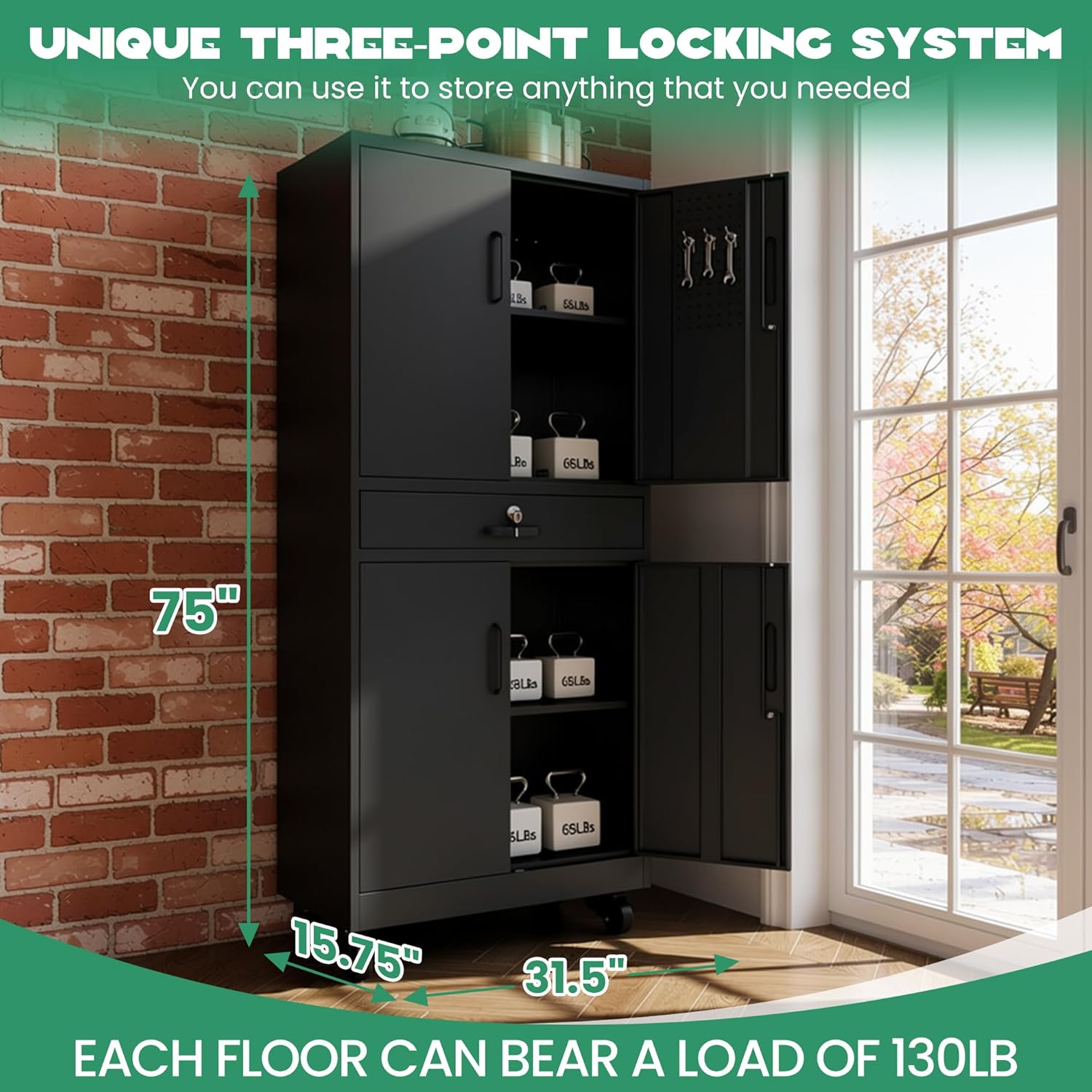 Rolling Tool Cabinet with Pegboard and Drawer, 71" Tool Cabinets with 2 Adjustable Shelves for Garage, Tool Room, Assembly Required(Black)