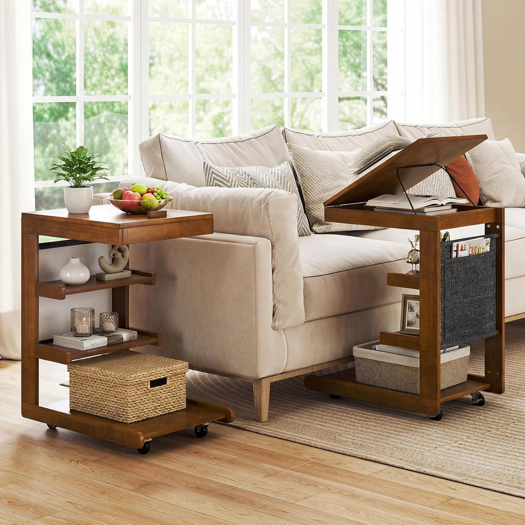 Giantex C-Shaped End Table with Wheels, Wooden Rolling Side Table w/Adjustable Desktop, Edge Stopper, Side Pocket & 3 Storage Shelves, Sofa Couch Bedside TV Tray for Living Room Bedroom (Brown,1)