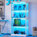 Grepatio Display Cabinet with Glass Doors, 4-Tier Curio Display Case, Collectibles Display Shelf with 12 Color Lights, Toy Bookshelf and Bookcase Cabinet for Collectible Playroom (White)
