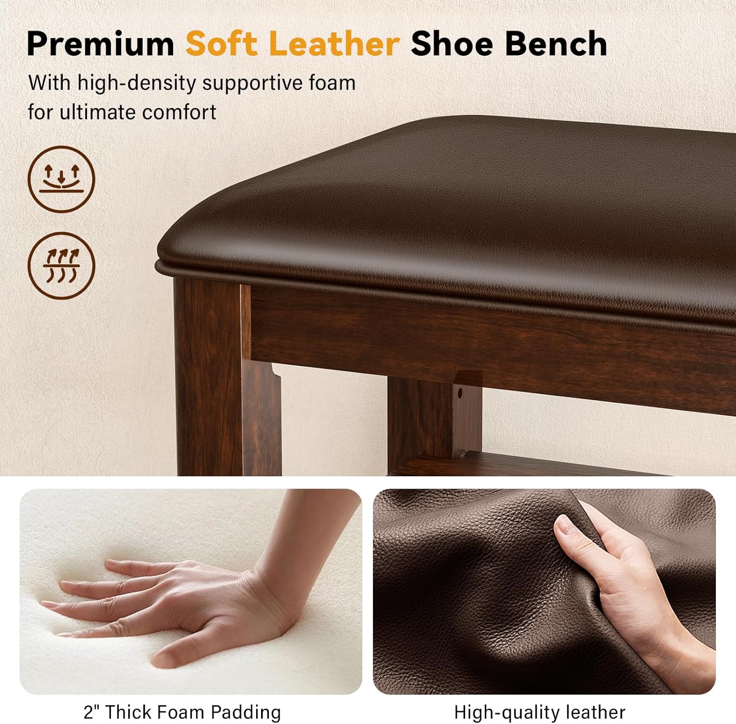 Shoe Rack Bench Entryway Storage with Leather Cushion, Shoe Organizer Bench for Entryway, Ideal for Front Doors Entrances Hallway Mudroom Featuring Rubberwood And 3 Height-Adjustable Removable Shelve