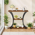 Hoctieon 3 Tier Console Table with Open Wood Shelves, Decorative Entryway Table with Curved Metal Frames, Narrow Sofa Table for Entrance, Living Room, Hallway, Rustic Brown+Black