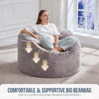 Hobestluk Adult Bean Bag Chair 3FT Large Lounger with Plush Cover, Grey | Memory Foam Filled, Removable and Washable Cover, Portable Handle, Relaxing, Reading, Medium, Skin-Friendly Plush Faux Fur