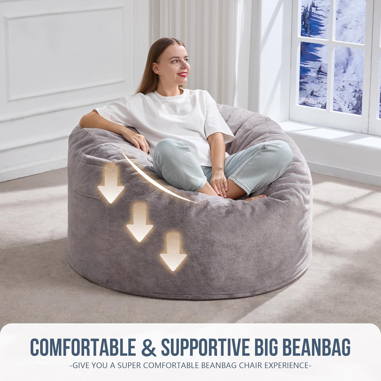 Hobestluk Adult Bean Bag Chair 3FT Large Lounger with Plush Cover, Grey | Memory Foam Filled, Removable and Washable Cover, Portable Handle, Relaxing, Reading, Medium, Skin-Friendly Plush Faux Fur
