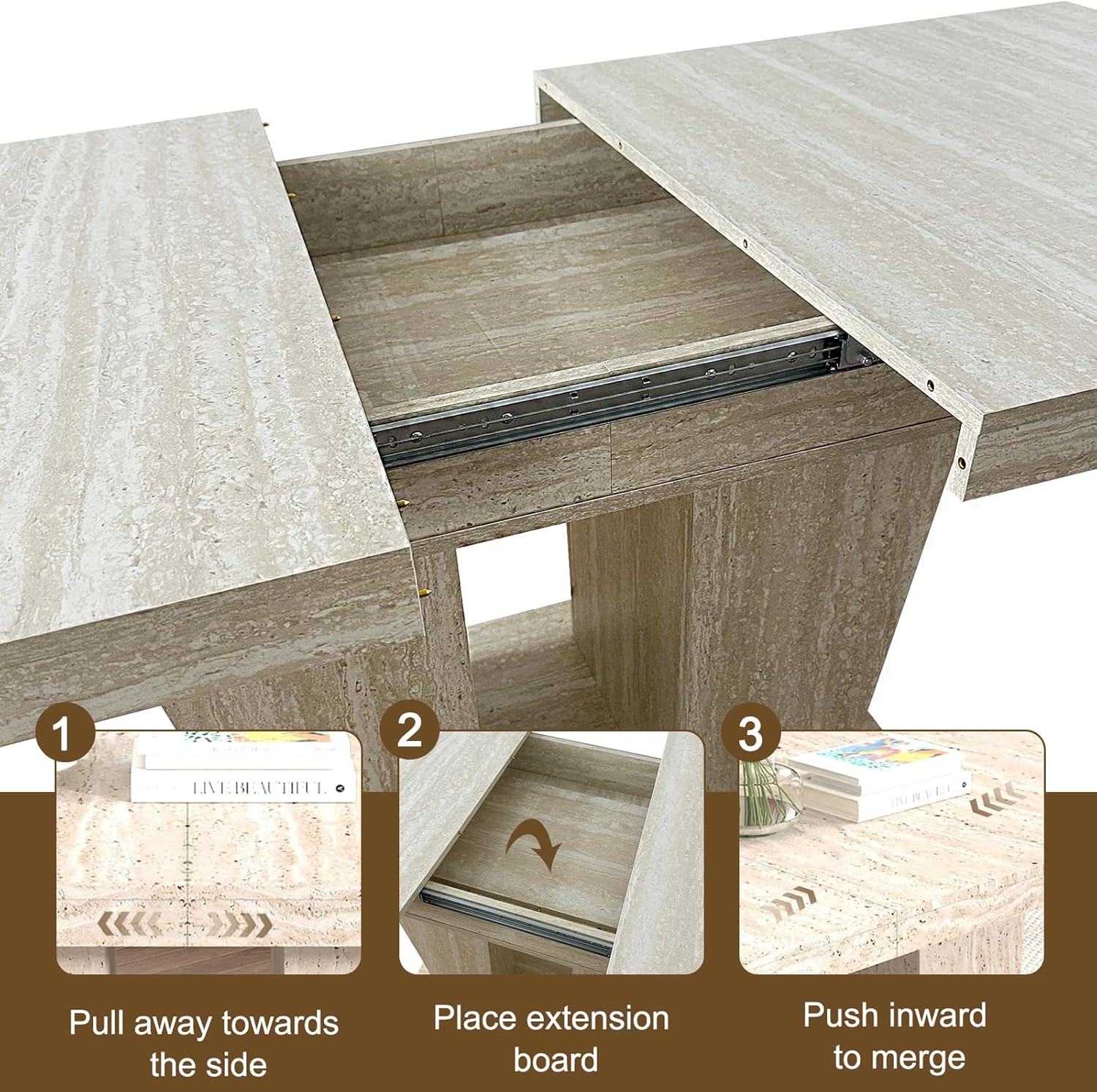 78.74" Rectangular Extendable Dining Room Table for 6 8 10, Modern Faux Travertine Farmhouse Wooden Kitchen Conference Expanding Table with Dual Columns Base, Long Large Expandable, White Oak