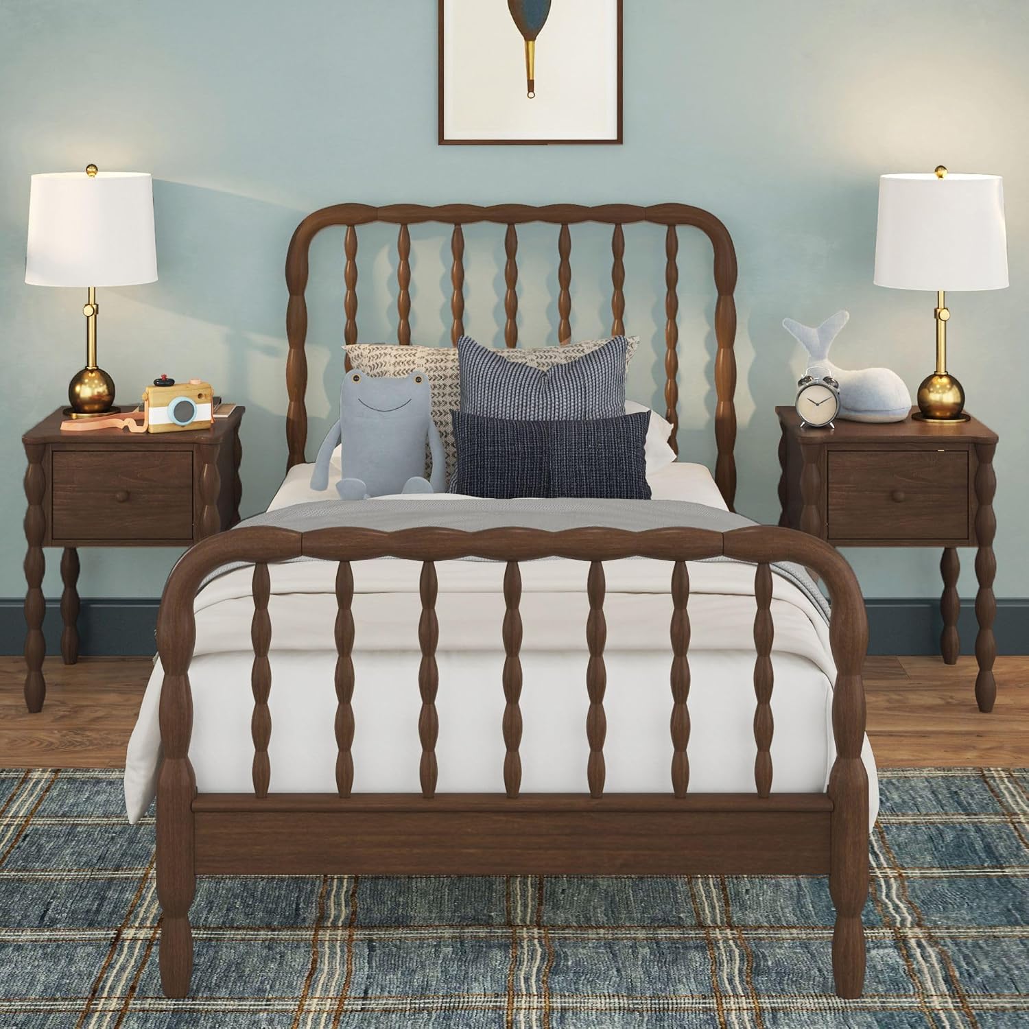 Max & Lily Jenny Kids Nightstand with 1 Drawer, Solid Pine Wood, Turned Spindle Legs, Low-VOC Finish, Vintage-Style Bedroom Side Table, Walnut