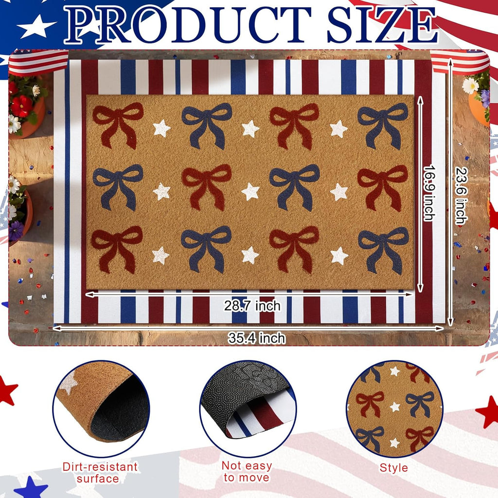 Tinideya 2 Pcs Independence Day Door Mat Patriotic Welcome Non Slip Coir Mats 4th of July Bow Star Floor Layering Doormats Seasonal for Front Porch Entryway Decor(Bow)