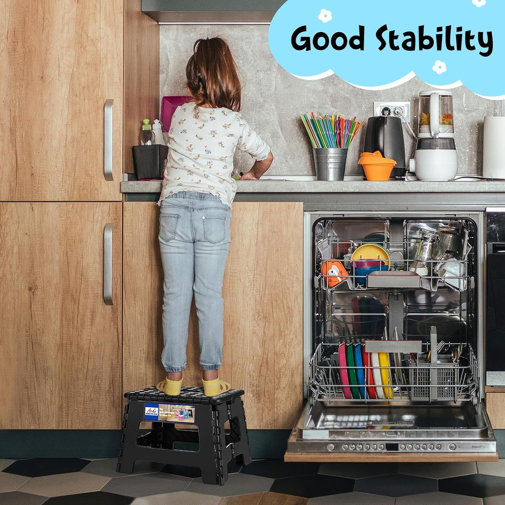 ACKO 12pack Folding Step Stool 9 Inch Step Stool 300 lb Capacity Plastic Foldable Step Stools for Kids and Adults, Folding Stool Suitable for Kitchen, Small Stepping Stool with Handle Black