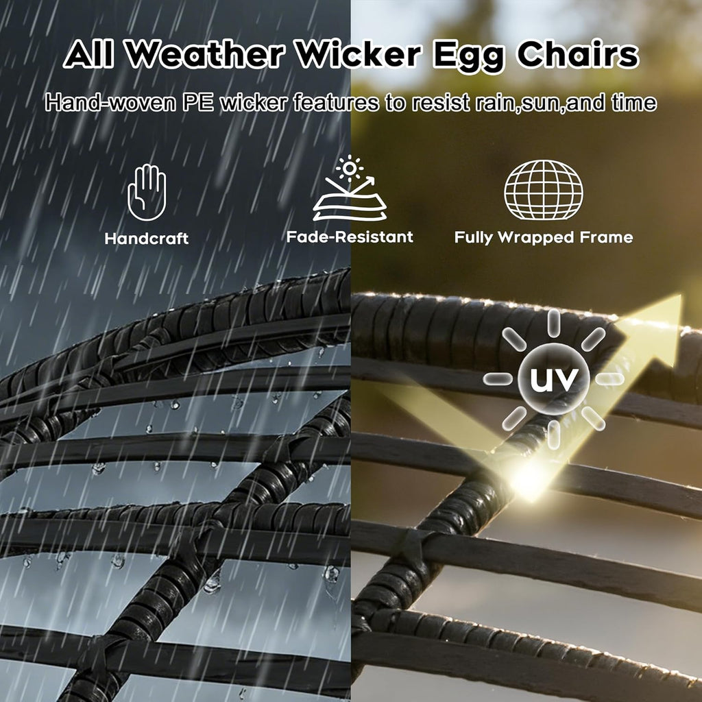 Double Egg Chair Outdoor Indoor 2 Person Wicker Egg Lounge Chair with Foldable Cup Holder Cushion Rain Cover Patio Oversized Loveseat for Balcony Porch Backyard