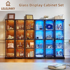 LELELINKY Farmhouse Narrow Glass Display Cabinet with Doors | Wooden Curio Cabinets with 3 Color Motion-Sensor Light & Lock, Walnut