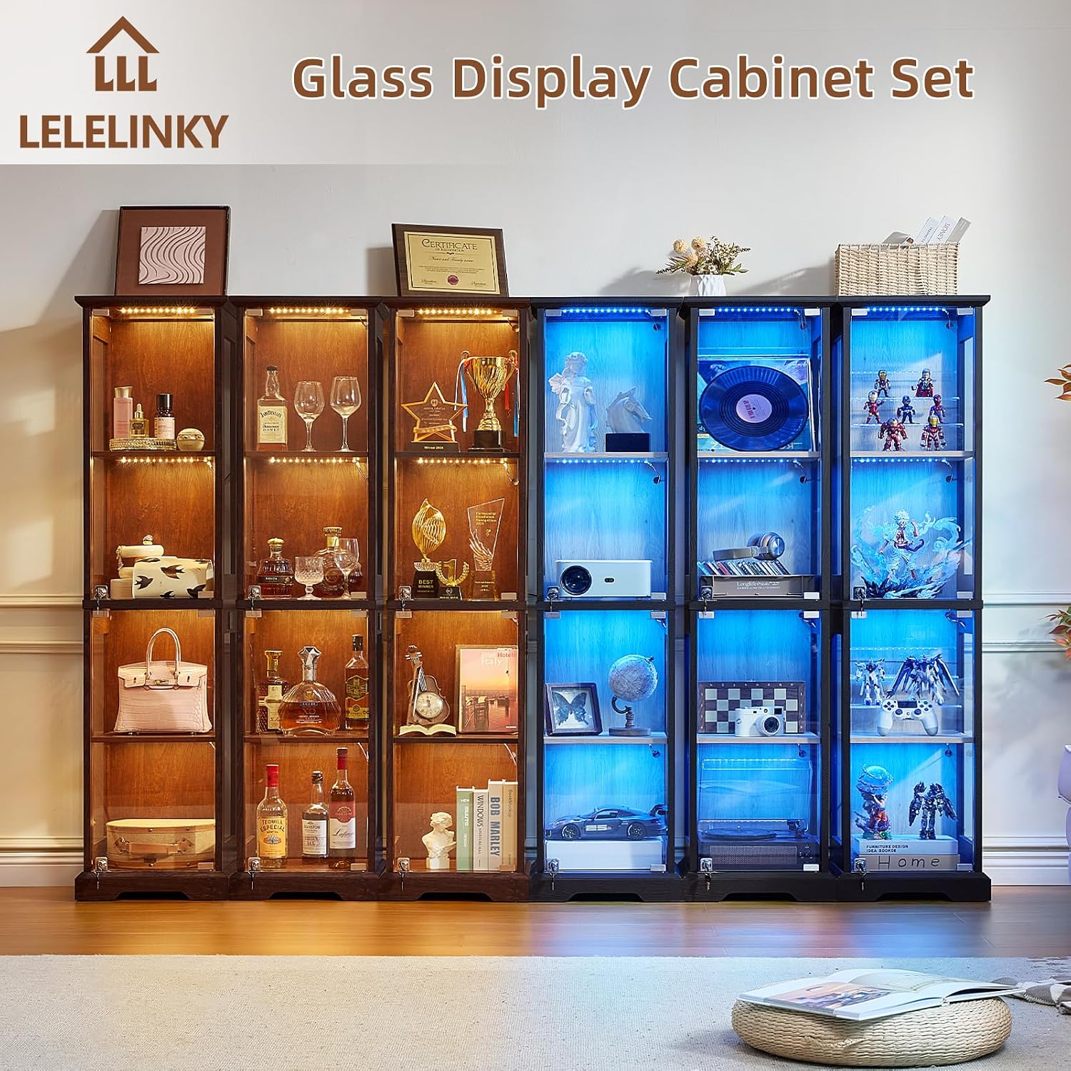 LELELINKY Farmhouse Narrow Glass Display Cabinet with Doors | Wooden Curio Cabinets with 3 Color Motion-Sensor Light & Lock, Walnut