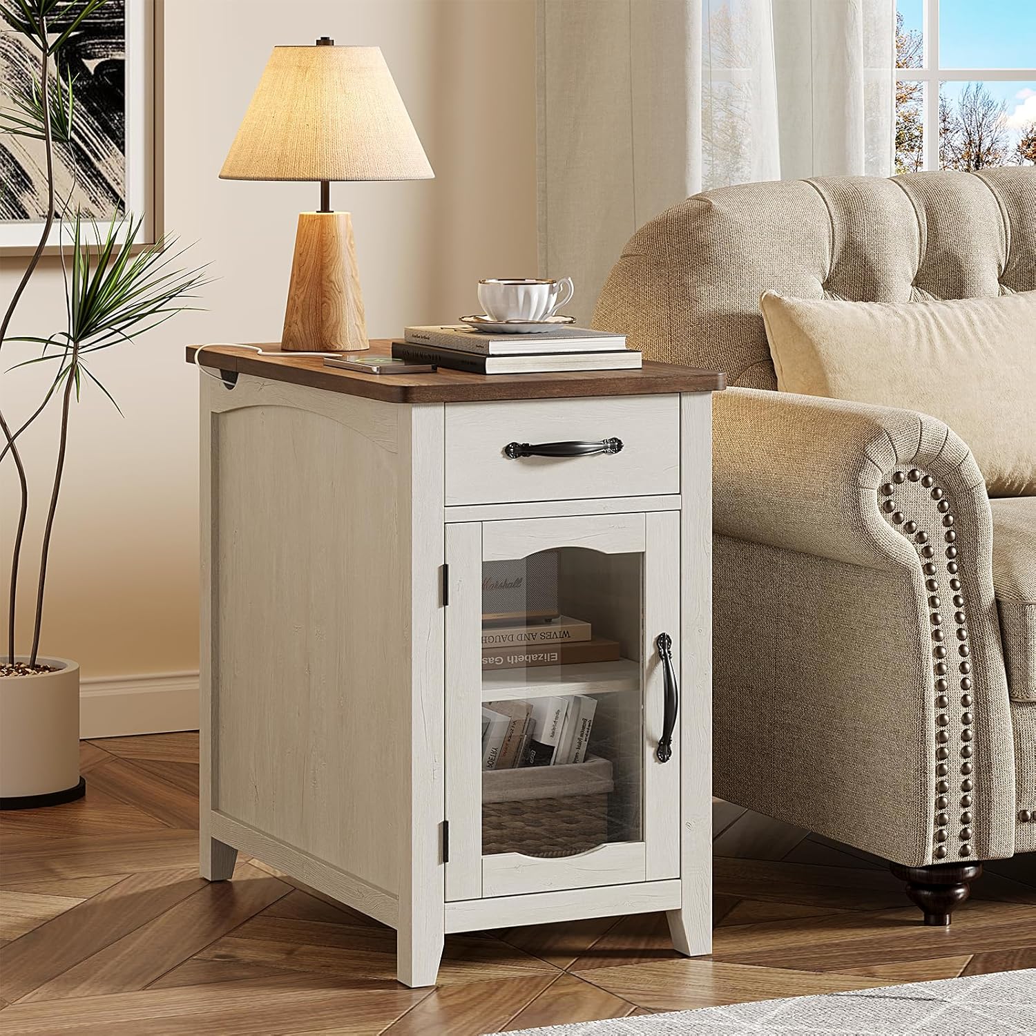 ONBRILL End Table with Charging Station, Narrow Side Table for Living Room, Farmhouse Night Stand with Drawer and Storage Cabinet, Wooden Bedside Table for Small Spaces Living Room, Glass Door (White)