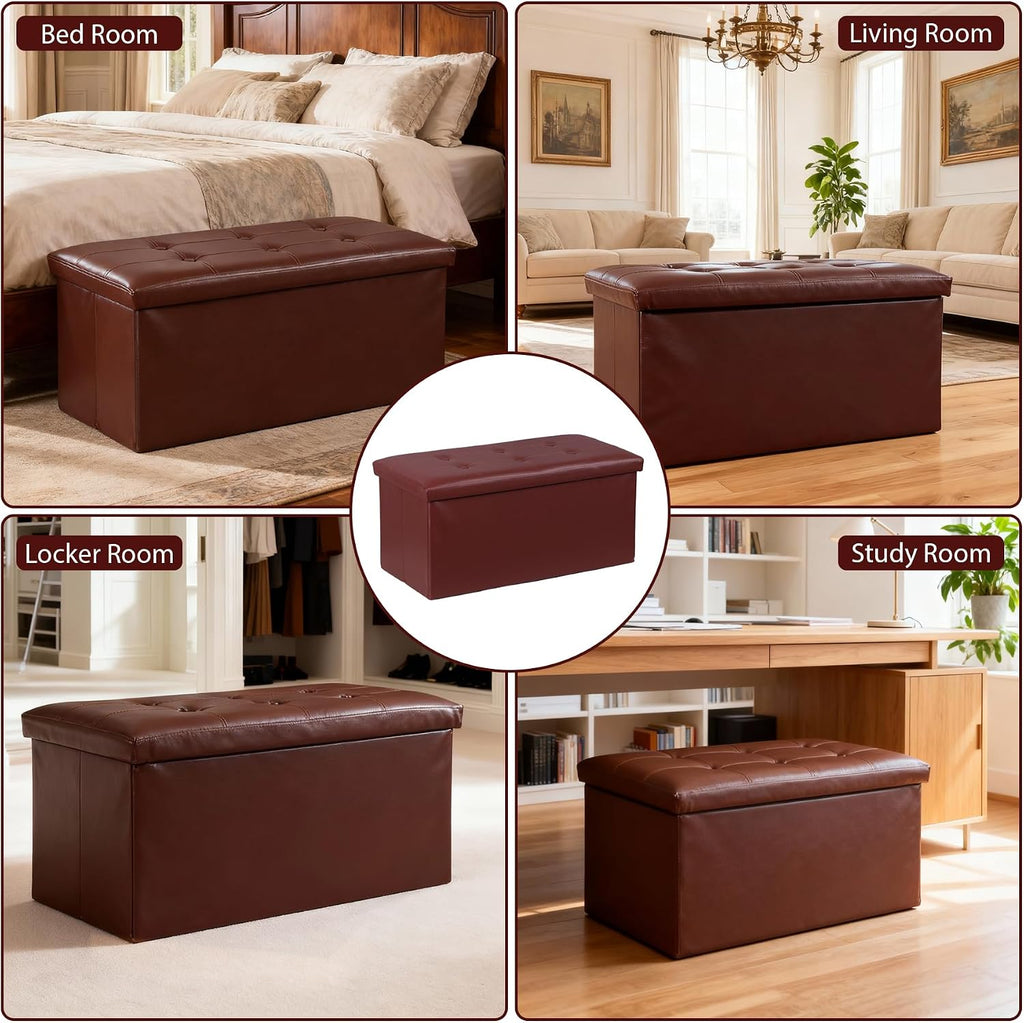 Nouva 30 Inches Ottoman Storage Bench, Folding Design Chest Faux Leather Ottomans Footrest for Bedroom Living Room Office,Entryway, Brown