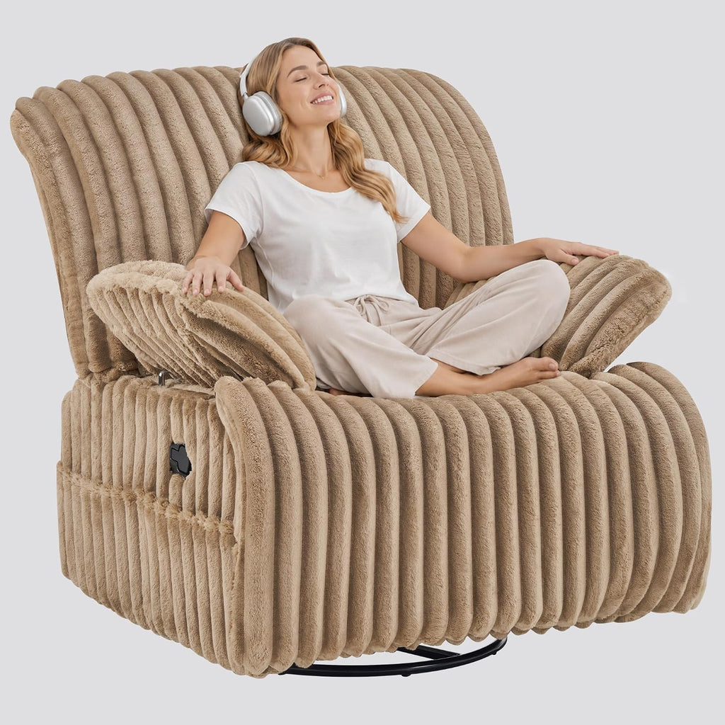 GRAINELL Oversize 40-Inch Swivel Glider Recliner, Wide Stripe Fabric Rocking Chair with 360° Rotation, for Adults Nursery Living Room (Khaki)
