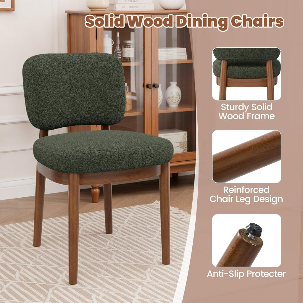 Wooden Dining Chairs Set of 4, Boucle Upholstered Kitchen Chairs with Solid Wood Legs, Mid Century Modern Dining Chairs, Farmhouse Side Chair with Hardwood Frame for Dining Room, Green