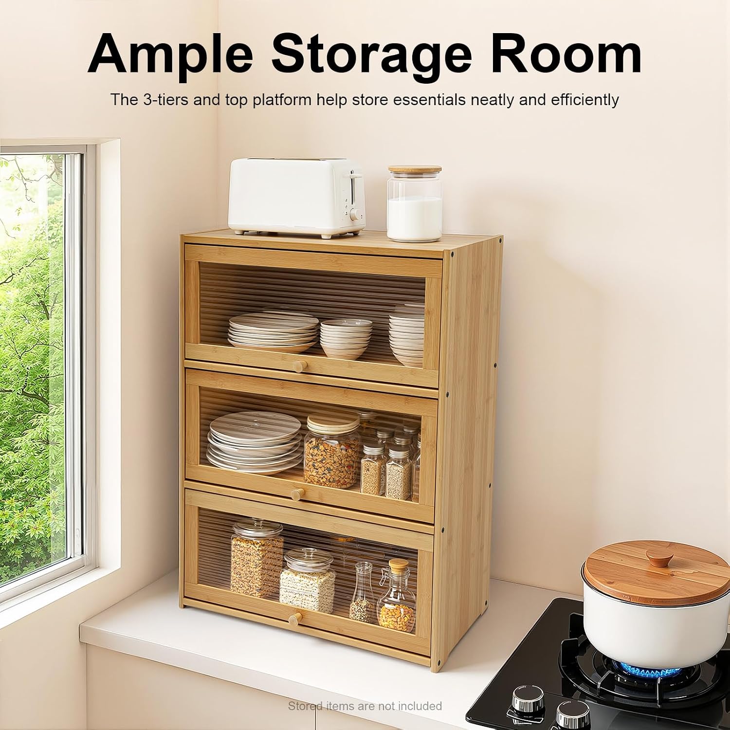Kitchen Pantry Sideboard Small Bamboo Cabinet with 3 Clear Acrylic Doors Freestanding Countertop Storage for Dishes Bottles Spices