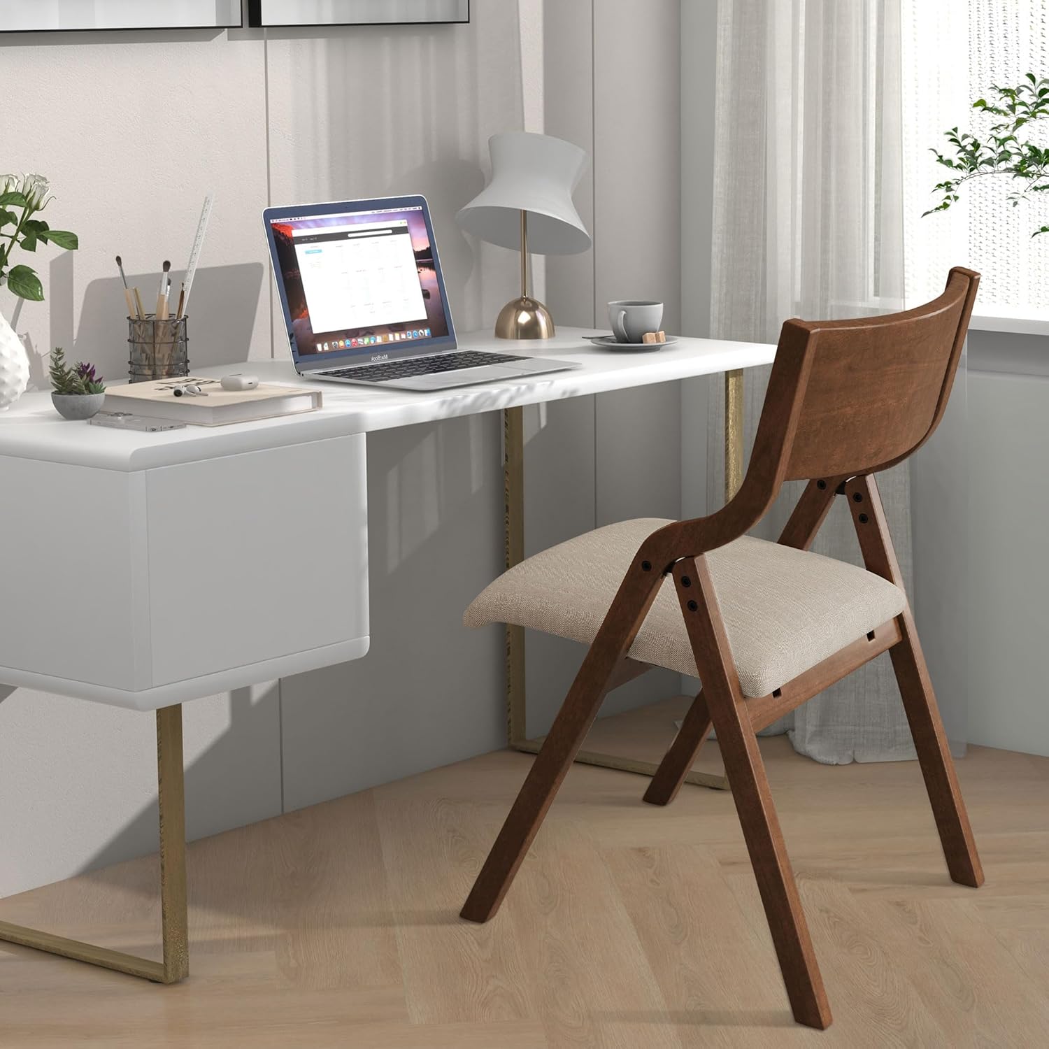 Ball & Cast Folding Dining Chairs Set of 2,Portable Kitchen Chairs with Padded Cushions,Ergonomical Design,Foldable Wood Dining Chairs for Dining Room,Restaurant,Kitchen,Office,Indoor,Taupe+Walnut