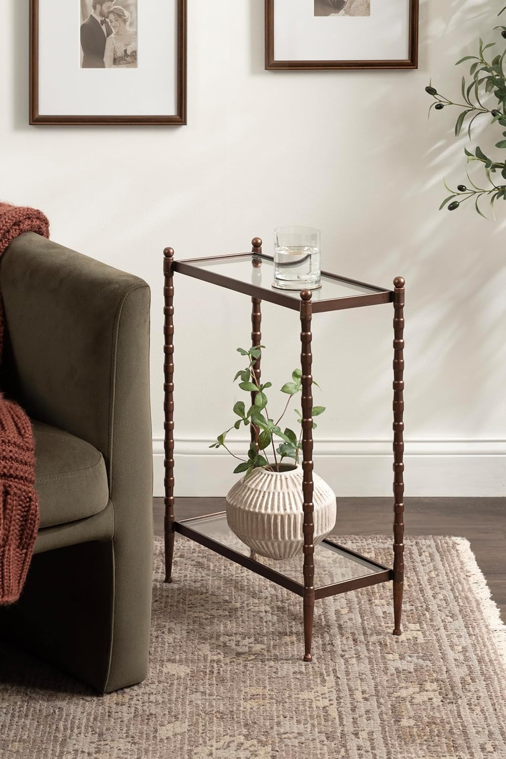 Kate and Laurel Prisha Traditional Metal Narrow Side Table, 18 x 8 x 25, Clear Glass and Bronze, Vintage Rectangle Skinny Bedroom Nightstand with Glass Tabletops for Use as Living Room End Table
