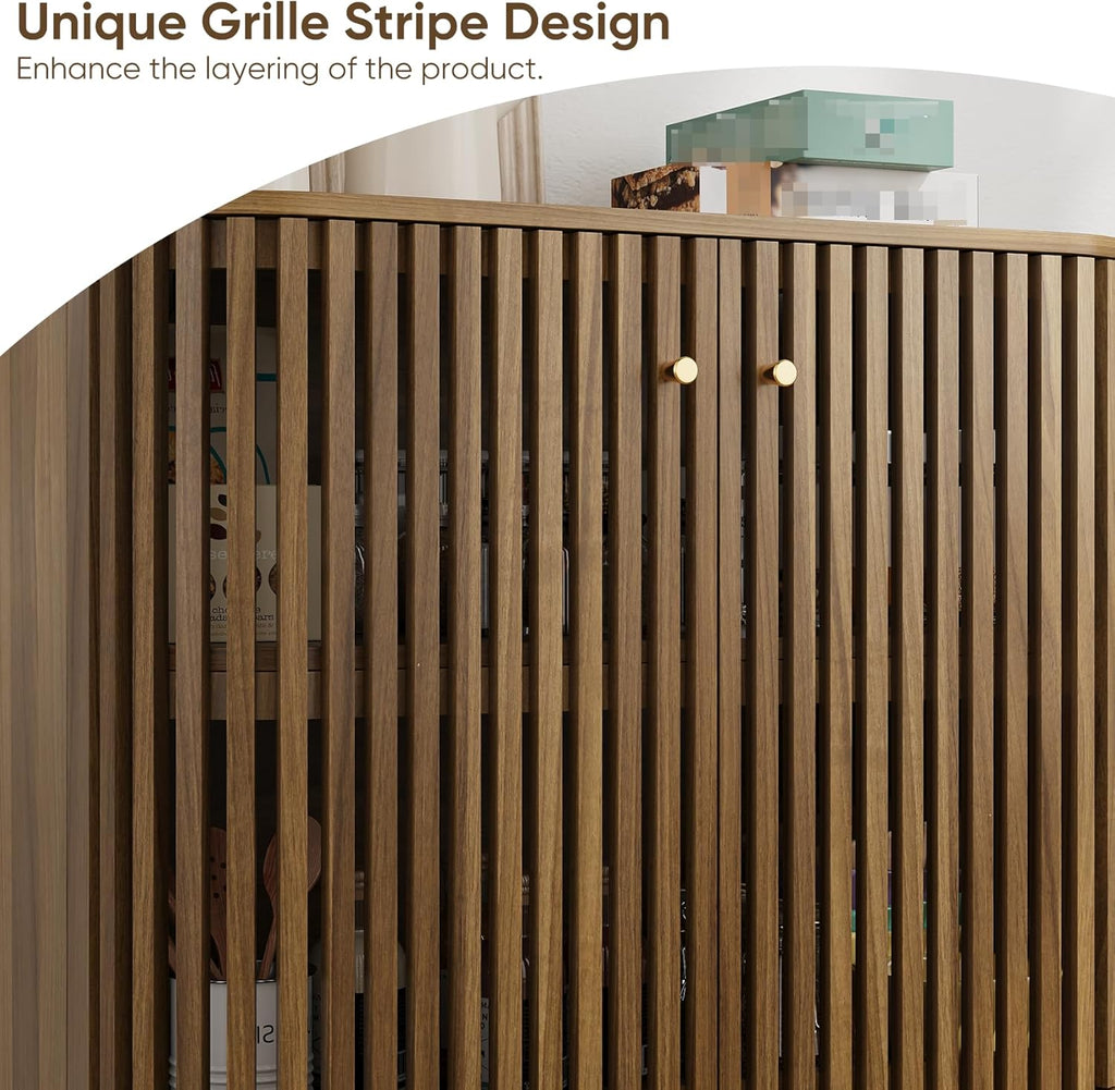 Smuxee Walnut Sideboard Cabinet with Unique Grille Stripe Design, Freestanding Buffet Cabinet with Curved Edge Design, Wood Storage Cabinet for Living Room, Entryway, Hallway