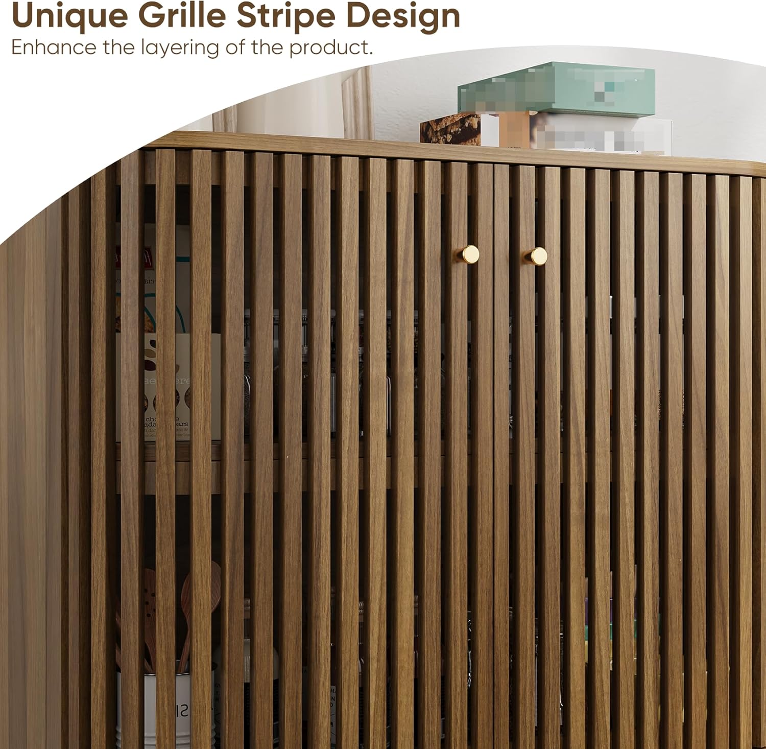 Smuxee Walnut Sideboard Cabinet with Unique Grille Stripe Design, Freestanding Buffet Cabinet with Curved Edge Design, Wood Storage Cabinet for Living Room, Entryway, Hallway