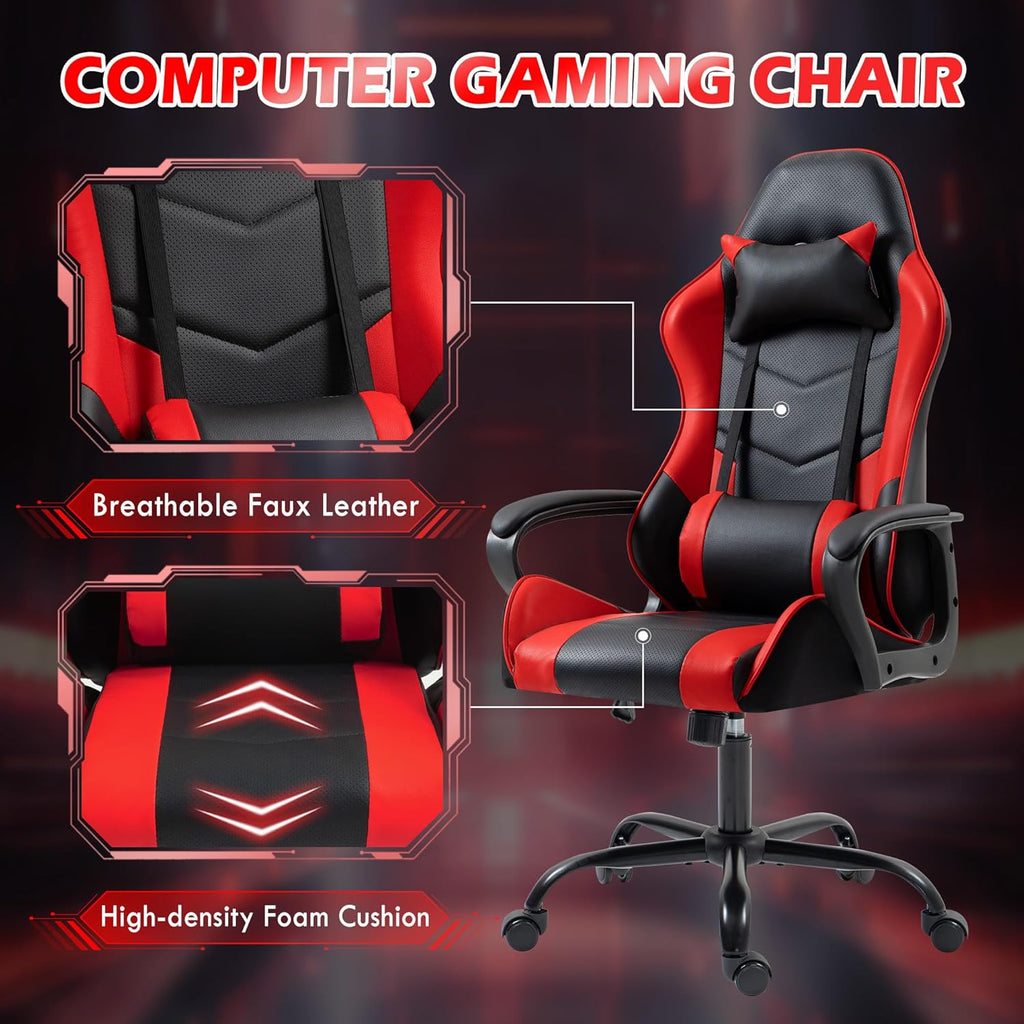 ECOTOUGE Gaming Chair, Ergonomic Computer Gamer Chair with Massage Lumbar Support & Rocking High Back, 360° Swivel Video Game Chair for Gaming or Office, Height Adjustable (Red)