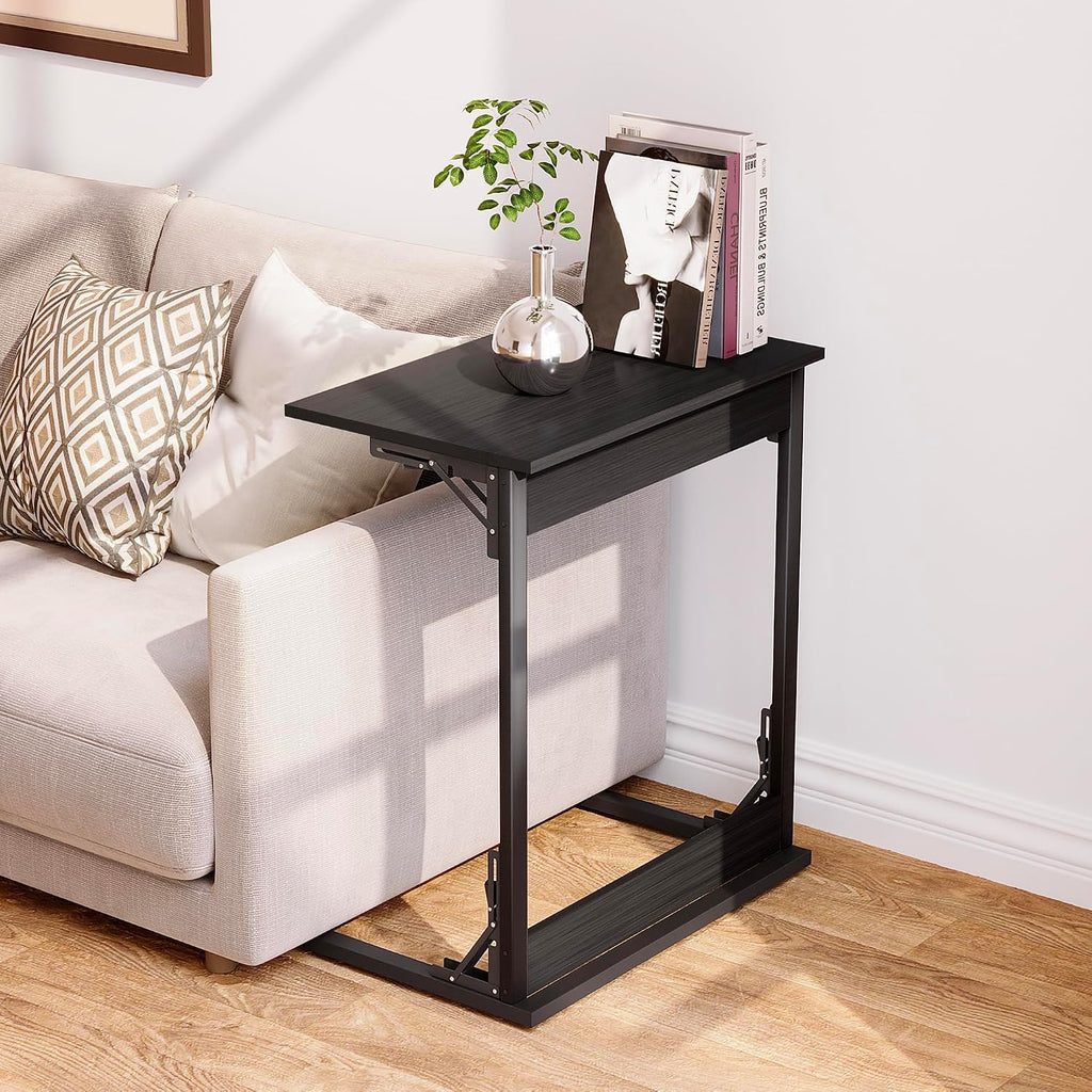 HOMPUS C Shaped End Table, 23.6'' Small TV Tray Side Table for Couch, Tall Sofa Table with Antirust Metal Frame, Folding Desk Snack Table for Sofa, Living Room, Recliner, Fully Assembled, Black