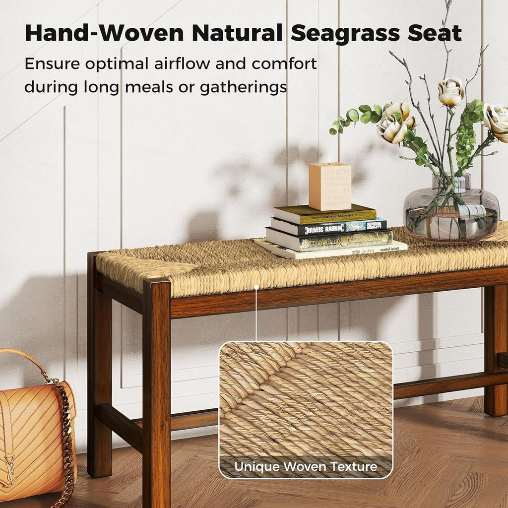 GOFLAME 40” Dining Bench, Farmhouse Boho Entryway Bench with Woven Seagrass Seat, End of Bed Bench with Rubber Wood Frame, Accent Indoor Bench for Bedroom, Dining Room, Living Room, Hallway