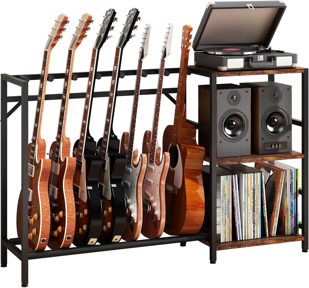 Guitar Stand with Record Player Stand, Guitar Rack with Record Player Table, Guitar Holder 7 Space for Multiple Guitars, Bass, Acoustic, Guitar Display for Home Music Studio, Brown